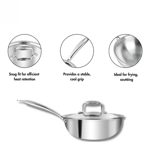 Vinod Platinum Triply Stainless Steel Deep Frying Pan with Lid - 22 cm | Heavy-Bottom Frypan for Healthy, Low-Oil Cooking | Induction and Gas Compatible