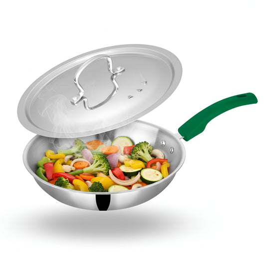 Zira Triply Stainless Steel Frying Pan with Steamer Lid | 20cm, 1.3L | Fire Proof, Anti Slip Silicone Handle | Induction & Gas Friendly Triply Frying Pan | 2.5mm Thick Heavy Bottom | 10 Year Warranty