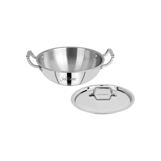 CDM SOLITAIRE 3lyer-Triply Stainless Steel Kadhai with Stainless Steel Lid for Faster Cooking (24cm, 2.5L) | Induction & Gas Friendly | 5 Year Warranty