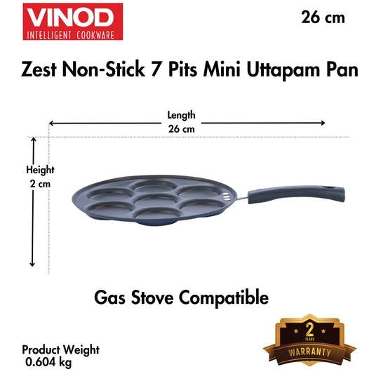 Vinod Zest Stick Free Mini Uttapam Pan with 7 Cavities – Appam Patra for Mini Uthappam, Idli, Pancake | Aluminum Multi Snack Maker | Gas Stove Compatible | Bakelite Handle | 1 Year Warranty