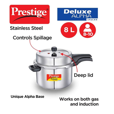 Prestige 8 Litre Stainless Steel Deluxe Alpha Svachh Outerlid Pressure Cooker |Deep lid for spillage control|10 years warranty|Gas & Induction compatible|Gasket release system|ISI Certified