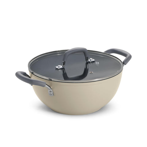 Tramontina Velo 24cm / 3.6L Forged with Ceramic Reinforced Interior Kadai | Tempered GlassLid | Kadhai for Curry, Deep-Fry, Stir-Fry | Silicone Grip Handles | Gas/Induction | Sand Beige