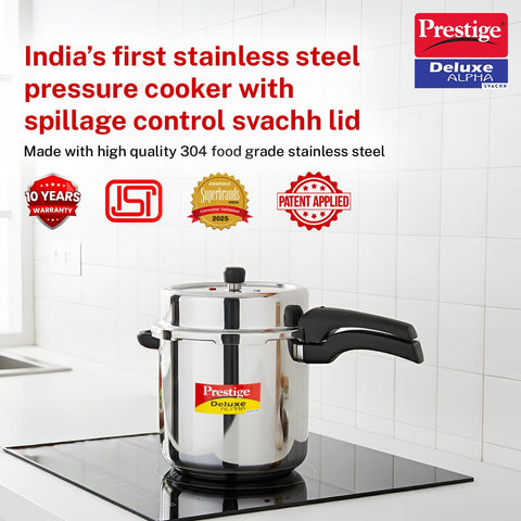 Prestige 10 Litre Stainless Steel Deluxe Alpha Svachh Outer Lid Pressure Cooker | 10Y Warranty | Deep Lid for Spillage Control | TRIPLY Base | Gasket Release System | Gas & Induction Compatible | ISI