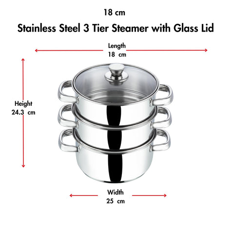 Vinod Stainless Steel 3-Tier Steamer with Glass Lid, 18 cm | Multi-Purpose Steamer for Momos, Modaks, Vegetables & More | Riveted Handles | Induction & Gas Base | 2 Yr Warranty