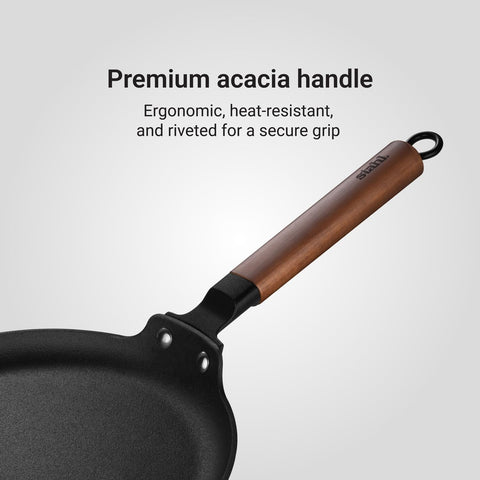 Stahl Blacksmith Signature Dosa Tawa | Flat Cast Iron Pan for Dosas, Pancakes, Chilas, and More | Pre-Seasoned, Induction & Gas Compatible | Acacia Wood Handle | 30cm Tawa
