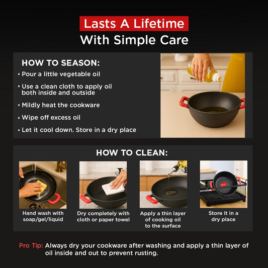 Pigeon by Stovekraft Cast Iron Kadai with Glass Lid | Medium, 24 cm | Naturally Nonstick | Pre-Seasoned Kadhai with 100% vegetable oil | Toxin-Free | High Pressure Casting | Bring Back Nostalgic Taste