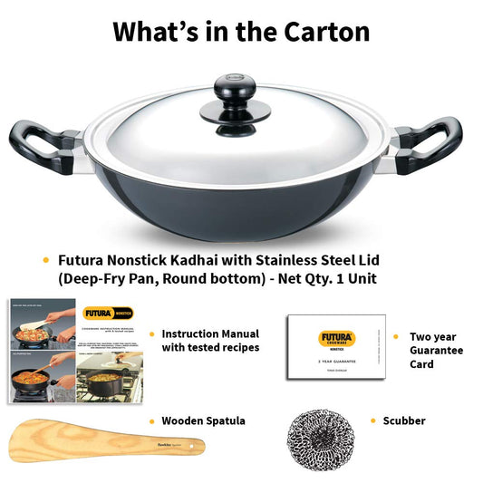 Hawkins Futura 2.5 Litre Deep Fry Pan, Non Stick Kadai with Stainless Steel Lid, Round Bottom Kadhai, Black (NK25S)
