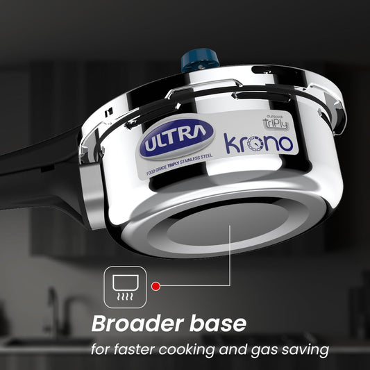 Ultra Triply Krono Pressure Cooker 1.5 Litre | Whistle Counter | Spillage Control | AISI 304 Food Grade Stainless Steel Cooker | 5 Years Warranty, Injection Moulded Handles & Induction Compatible