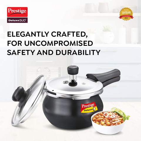 Prestige Deluxe Duo Plus Hard Anodised Outer Lid Handi Pressure Cooker With Stainless Steel Lid 3.0 Liters and Glass lid