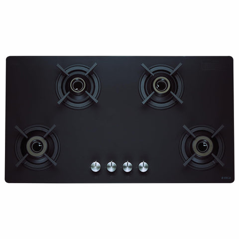 Elica 90cm 4 Burner Gas Stove | SBF MATT LOTUS TKN 904 CT VETRO 2J BK | Matt Glass Top | SABAF Brass Burners & Valves | Cast Iron Pan Support | 10 Yr Burner & 5 Yr Glass Warranty | Black