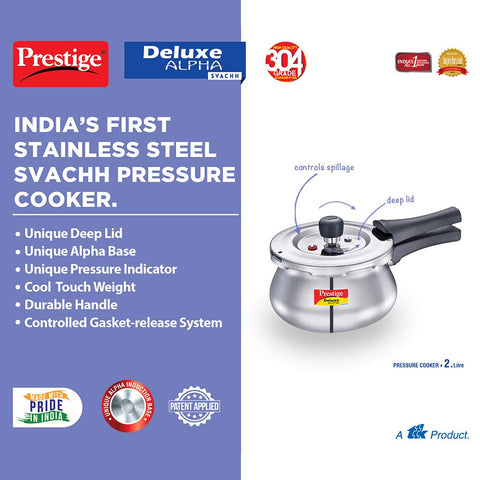 Prestige 2 Litre Stainless Steel Deluxe Alpha Svachh Outerlid Baby Handi Pressure Cooker|10 years warrantyDeep lid for spillage control|Gas & Induction compatible|ISI Certified