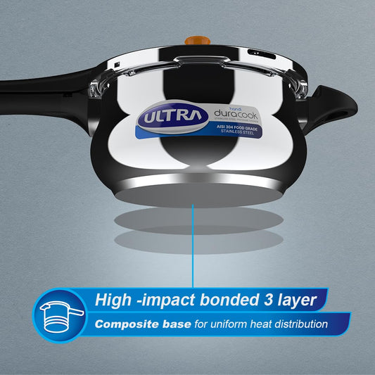 Ultra Duracook Handi Pressure Cooker 6.5 Litre | AISI 304 Food Grade Stainless Steel Cooker | 10 Years Warranty | Injection Moulded Handles | Induction Compatible | Keeps Food Warm for up to 2 Hours