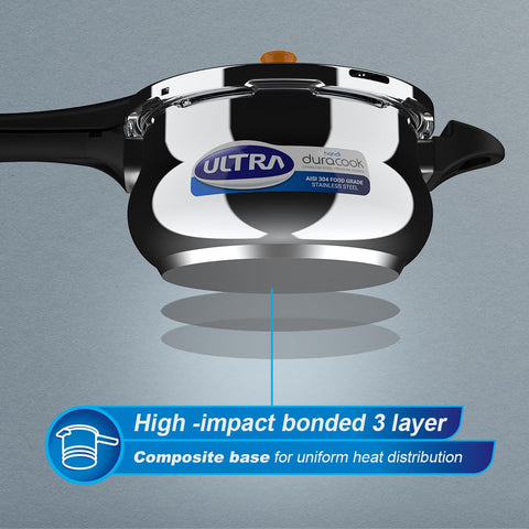 Ultra Duracook Handi Pressure Cooker 6.5 Litre | AISI 304 Food Grade Stainless Steel Cooker | 10 Years Warranty | Injection Moulded Handles | Induction Compatible | Keeps Food Warm for up to 2 Hours