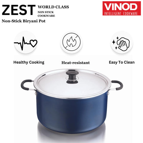 Vinod Zest Non Stick Dum Biryani Pot - 14 Litre, 32 cm | 4 mm Extra Thick | 3 Layer Coating | Metal Spoon Friendly | Bakelite Handle | Gas Base | 1 Year Warranty - Blue