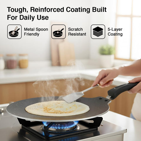 Prestige Omega Granite Non-Stick Dosa Tawa 30cm | Extra Thick Base (4.88 mm) | 5-Layer Coating | Gas & Induction Compatible | PFOA Free | Metal Spoon Friendly | Dishwasher Safe | 2Y Warranty | ISI