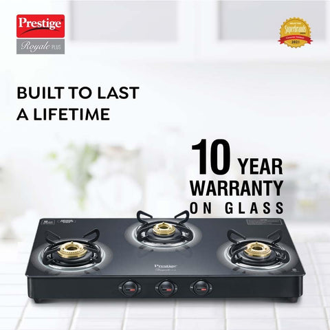 Prestige Royale Plus GT 03L Toughened Black Glass Top Gas Stove(Manual, 3 Brass Burners, Black, Baati/Tandoor Stand Inside)