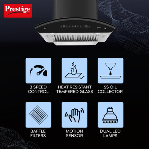 Prestige OSCAR 600 Contemporary Black Kitchen Hood Chimney|Powerful Suction - 1000m3/hr|Digital Display|Auto clean with Heat Technology|Revolutionary Motion Sensor|Baffle Filter|180W|Black & Grey