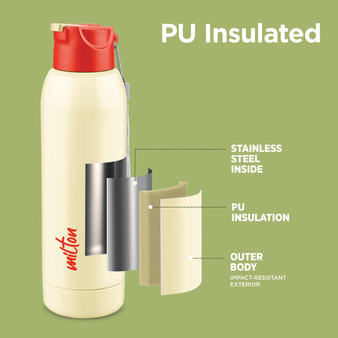 Milton Steel Swag 900 Inner Stainless Steel PU Insulated Sipper Water Bottle for Adults, Kids I Leak Proof Flip Top Lid I Easy to Carry I for Office, Gym, School, 690 ml, Ivory
