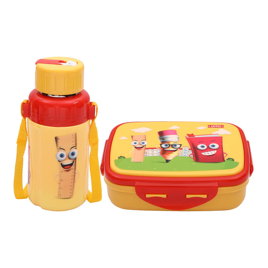 JAYPEE SteelOn Insulated Combo of Lunch Box & 500 ml Water Bottle with 1 Spoon, Red, Suitable for School Kids & Gifting Purposes