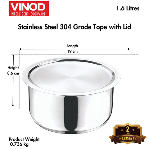 Vinod Stainless Steel 304 Grade Tope/Patila/Topiya with Lid - Diameter 16 cm, Capacity 1.6 Litre, Induction and Gas Stove Friendly, 2 Year Warranty, Silver
