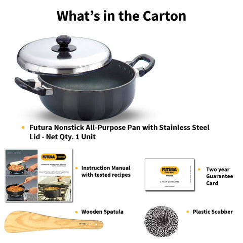 Hawkins Futura Nonstick All-Purpose Pan with Stainless Steel Lid, Capacity 3 Litre, Diameter 22 cm, Thickness 3.25 mm, Black (Q78)