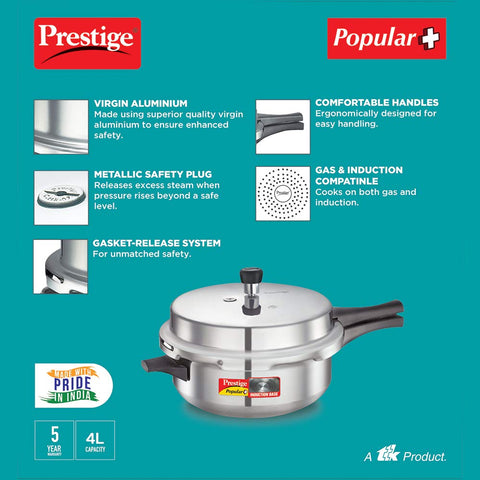 Prestige Popular Plus Induction Base Junior Deep Pan, Aluminium Outer Lid Pressure Cooker, 4.0 litres, Silver