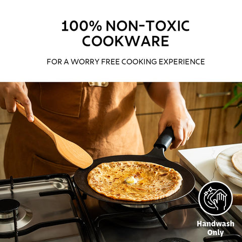 TRAMONTINA TITANEX 26cm Pre-Seasoned Cast Iron Concave Tawa | Tawa for Roti, Phulka, Paratha | Gas/Induction Compatible Cookware | Non-Slip Grip | Superior Heat Retention | Life-Time Warranty