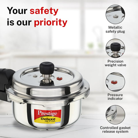 Prestige 2 Litre Stainless Steel Deluxe Alpha Svachh Outer Lid Pressure Cooker | 10Y Warranty | Deep Lid for Spillage Control | TRIPLY Base | Gasket Release System | Gas & Induction Compatible | ISI