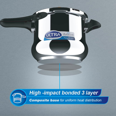 ULTRA Duracook Handi 8 Litre Stainless Steel Pressure Cooker,AISI 304 Food Grade SS, Froth Collector-Spillage Control,Induction Compatible,Imp Bonded Composite Base,ISI,10Y Warranty