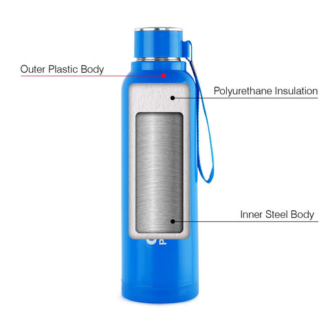 Cello Puro Steel-X Benz 900 | Leak Proof| Wide Mouth & Easy to Open | Insulated Inner Steel Outer Plastic Water Bottle | 730ml | Blue