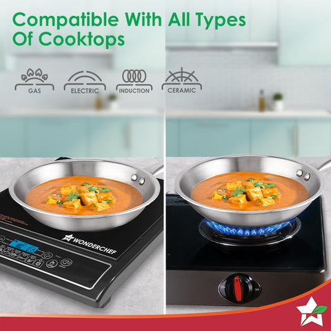 Wonderchef Stella Triply Stainless Steel Cookware Set | 3 Pcs. | Fry Pan 22 cm, Kadhai 22 cm + Lid | for Gas Stove, Induction, Ceramic Cooktop | Uniform Heating | Heavy-Duty Handle | 10-Year Warranty