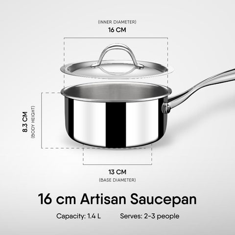 Stahl Stainless Steel Tea Pan | Triply Saucepan with Lid I Milk Pan 1.4 L | Gas & Induction Base Sauce Pan | Artisan 4216, Dia 16 cm