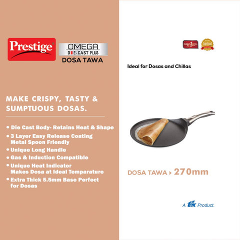 Prestige Omega Die cast Plus 27cm Dosa Tawa|Non-Stick with 3 Layers Scratch Guard Coating|Unique Heat Indicator|Gas & Induction Compatible|1 Year warrnty
