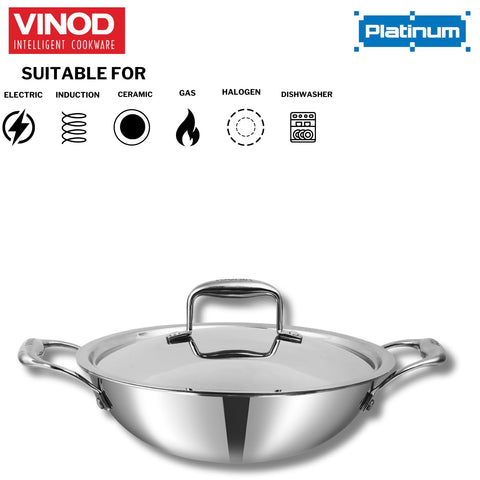 Vinod SAS Pro Platinum Triply Stainless Steel Kadai - 2.5 L | HexaShield Design Stick-Resistant Surface | Metal Spatula Safe | Less Oil, Healthy Cooking | Induction & Gas Base | PFOA Free