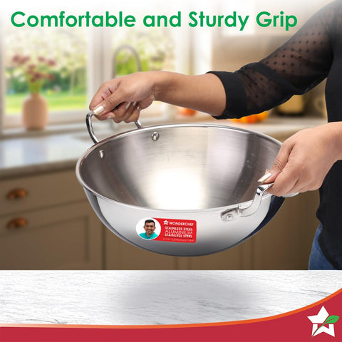 Wonderchef Stella Triply Stainless Steel Kadhai with Lid | 28 cm, 4.5 litres | Compatible with Gas Stove, Induction, Ceramic Cooktop | Non-Toxic | Heavy-Duty Handle | 10-Year Warranty