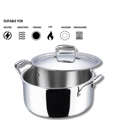 Vinod Platinum Triply Stainless Steel Saucepot with Lid 5L (24 cm) | 2.5 mm Thick Base | Multi-Purpose Biryani & Curry Pot | Induction & Gas Stove Compatible | 5 Year Warranty – Silver