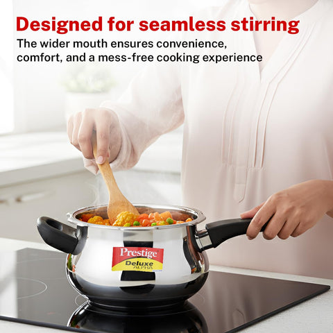 Prestige 3 Litre Stainless Steel Deluxe Alpha Svachh Outer Lid Pressure Cooker | Mini Handi | 10Y Warranty | Deep Lid for Spillage Control | TRIPLY Base | GRS |Gas & Induction Compatible | ISI