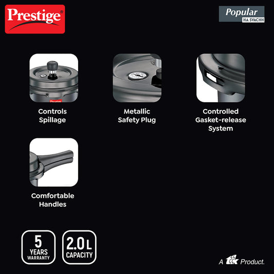 Prestige 2 Litre Hard Anodised Popular Svachh Outerlid Pressure Cooker|Deep Lid for spillage Control|Gas compatible|Gasket Release System|Metallic Safety Plug|5 years warranty|ISI Certified