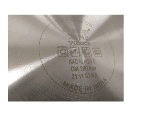Prestige 28cm/4.25L Tri-Ply Stainless Steel Splendor Kadai with Lid| Gas & Induction Compatible| Even Heat Distribution| Strong and Durable| Perma-Cool Handles