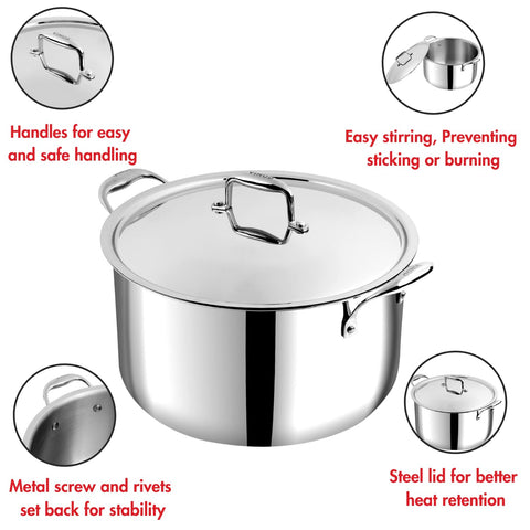 Vinod Platinum Triply Stainless Steel Biryani/Sauce Pot with Lid 30 cm | Heavy Bottom | Multipurpose Cooking Pot | Riveted Handles | Induction & Gas Compatible