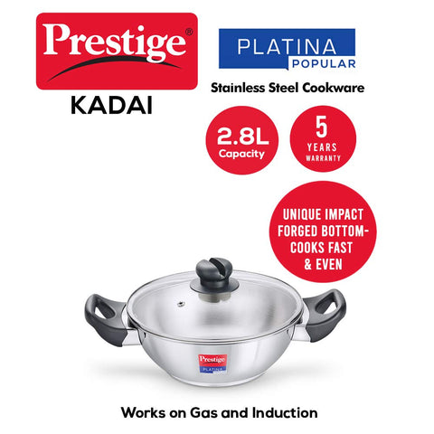 Prestige Platina Popular SS Kadai 240mm - Forged Induction Bottom Base