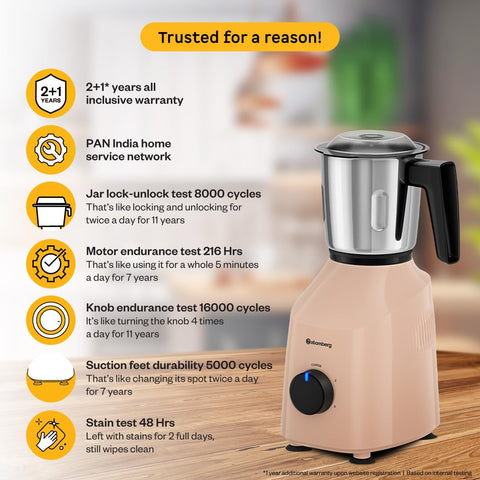 Atomberg Xiana 750 Watt Mixer Grinder | 3 Multipurpose Stainless Steel Jars | Coarse Mode for Silbatta-like Textures | Powerful Intelligent Motor | Easy Fault LED Indication | Peach Blossom