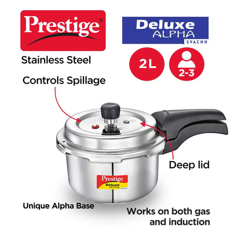 Prestige Deluxe Alpha Svachh 2.0 Litre Stainless Steel Outer Lid Pressure Cookers, Silver, 2 Liter, 20247