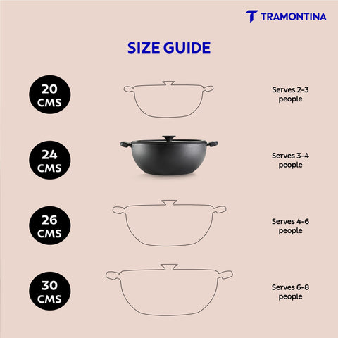 TRAMONTINA TITANEX 24cm/3.7L Pre-Seasoned Heritage Cast Iron Deep Kadai with Toughened Glass Lid | Snap-On Silicone Grips | Kadhai for Curry | Gas/Induction Cookware | Life-Time Warranty