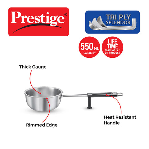 Prestige 13cm/550ml Tri-Ply Stainless Steel Splendor Tadka Pan|Gas & Induction Compatible| Rimmed Edge| in-Built Stand| Heat Resistance Handle| Thick Gauge