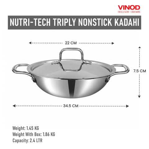 Vinod SAS Pro Platinum Triply Stainless Steel Extra Deep Kadai - 22 cm, 2.5 L | HexaShield Design Stick-Resistant Surface | Metal Spatula Safe | Healthy Cooking | Induction & Gas Base | PFOA Free