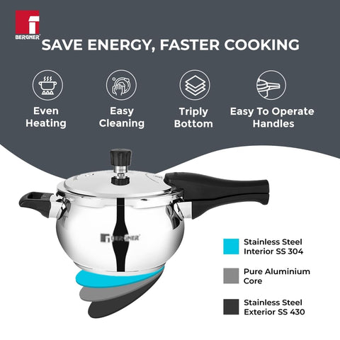 Bergner Pura Stainless Steel 1.5 L Belly Shape Pressure Cooker, Outer Lid Cooker, Triply Bottom, For Healthy Cooking, Mirror Finish, Easy To Clean, Induction Base & Gas Ready, Silver, 5-Year Warranty