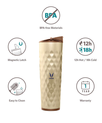 Vaya Drynk Stainless Water Bottle For Office,600Ml Vacuum Insulated Flask Sipper Water Bottle With Magnetic Latch Lid,Hot & Cold Thermos Flask For Adults,Leakproof Travel Bottle,Gold - Stainless Steel