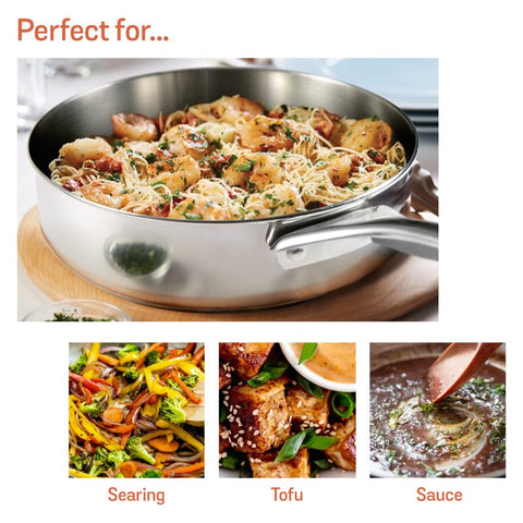 Meyer Select Stainless Steel Sautepan | Fry pan with Lid | Saute pan with Triply Base | Gas and Induction Suitable, 2.8 Liters/24cm (Induction & Gas Compatible)