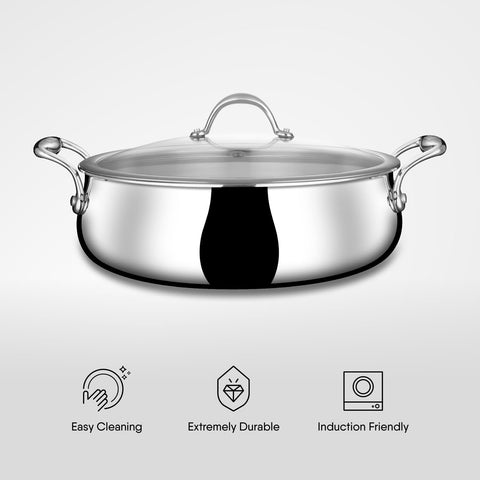 Stahl Artisan Triply Stainless Steel 28 cm Biryani Handi with Dual lid, Steel Lid for Dum & Glass Lid for Serving | 5.5L Biryani Pot, Gas & Induction Compatible | Non-Toxic, Less Oil, Stick Resistant